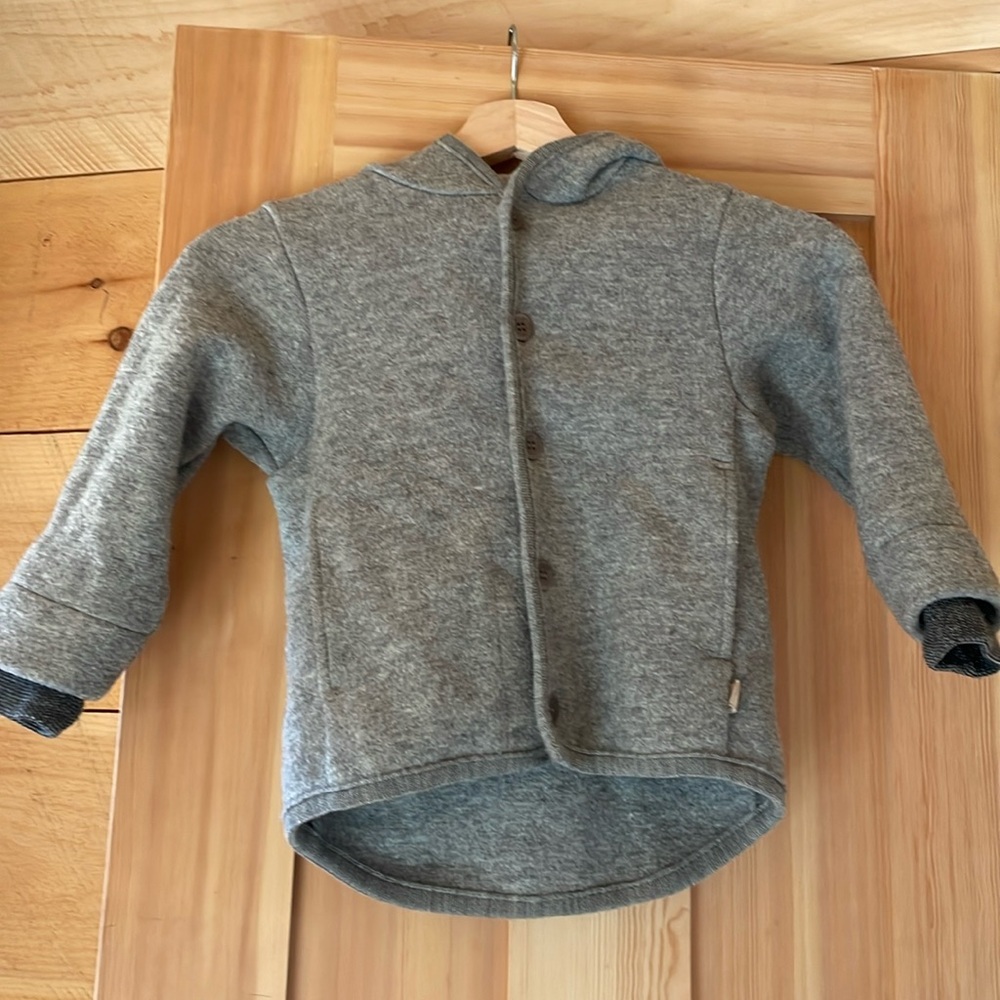 Disana heather gray boiled wool button front coat with hood